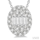 1/4 ctw Oval Mount Baguette and Round Cut Diamond Pendant With Chain in 14K White Gold