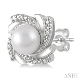 6x6 MM Round Shape Cultured Pearls and 1/50 Ctw Swirl Round Cut Diamond Earring in Sterling Silver