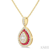 1.25 MM & 1.45 MM Pear Shape Ruby and 1/4 Ctw Baguette and Round Cut Diamond Precious Pendant With Chain in 14K Yellow Gold