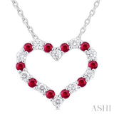 1.4 MM Round Cut Ruby and 1/8 Ctw Open Heart Round Cut Diamond Precious Fashion Pendant With Chain in 14K White Gold