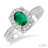 6x4 MM Oval Shape Emerald and 1/6 Ctw Single Cut Diamond Ring in 14K White Gold