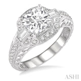 1/2 ctw Cushion Shape Baguette & Round Cut Diamond Semi-Mount Engagement Ring in 14K White Gold