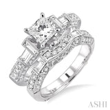 2 Ctw Diamond Wedding Set with 1 1/2 Ctw Princess Cut Engagement Ring and 1/2 Ctw Wedding Band in 14K White Gold