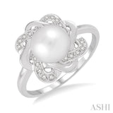 6.5 MM Cultured White Pearl and 1/10 Ctw Round Cut Diamond Ring in Sterling Silver