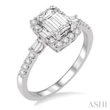 1 Ctw Diamond Engagement Ring with 5/8 Ct Emerald Cut Center Stone in 14K White Gold