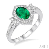 6x4 MM Oval Shape Emerald and 1/3 Ctw Diamond Ring in 14K White Gold