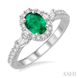 6X4 MM Oval Shape Emerald and 3/8 Ctw Diamond Ring in 14K White Gold