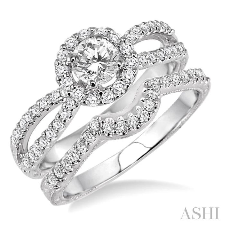 7/8 Ctw Diamond Wedding Set with 3/4 Ctw Round Cut Engagement Ring and 1/6  Ctw Wedding Band in 14K White Gold