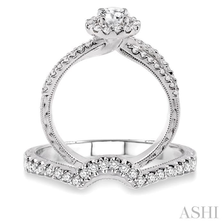 7/8 Ctw Diamond Wedding Set with 3/4 Ctw Round Cut Engagement Ring and 1/6  Ctw Wedding Band in 14K White Gold
